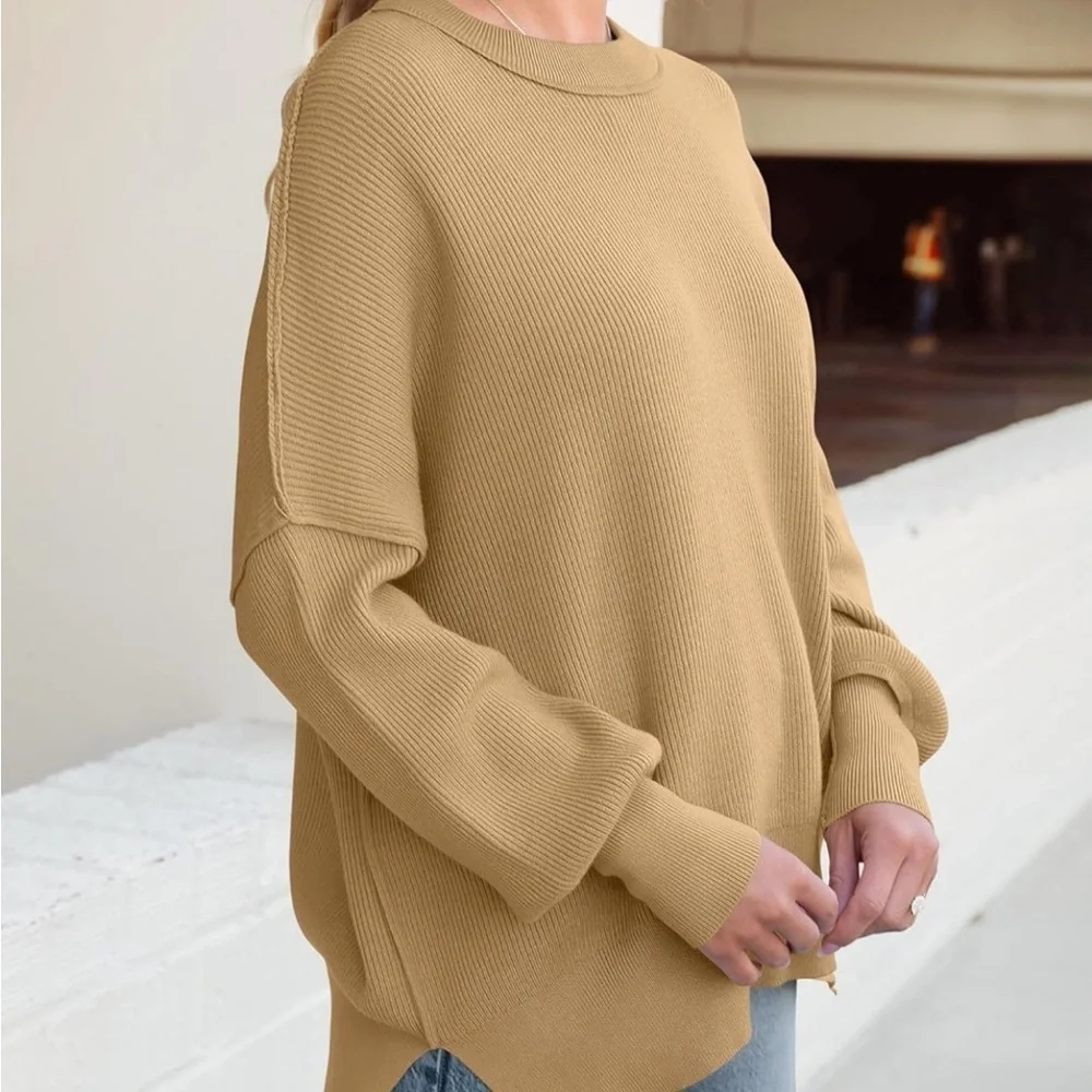 Brown/ Tan Crewneck Batwing Oversized Ribbed Pullover Sweater